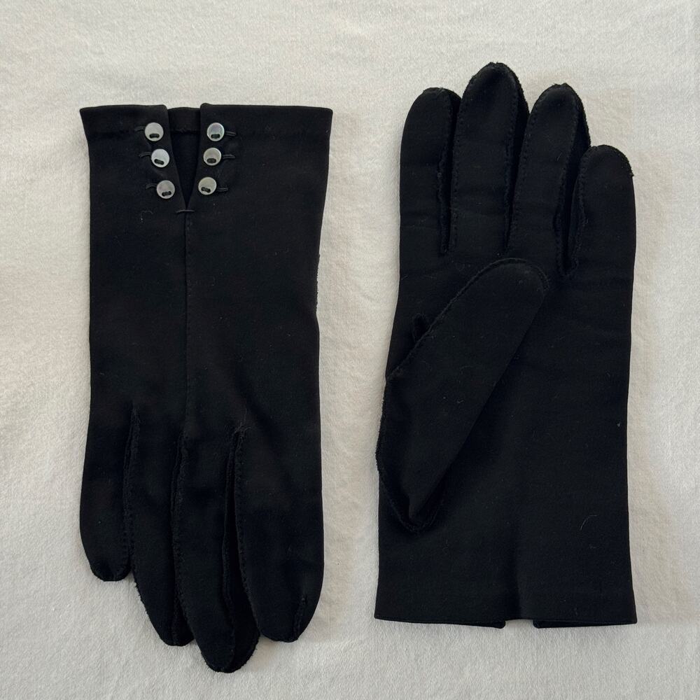 Vintage 1950s Black Fabric Dress Gloves Shell Pearl Button Cuffs